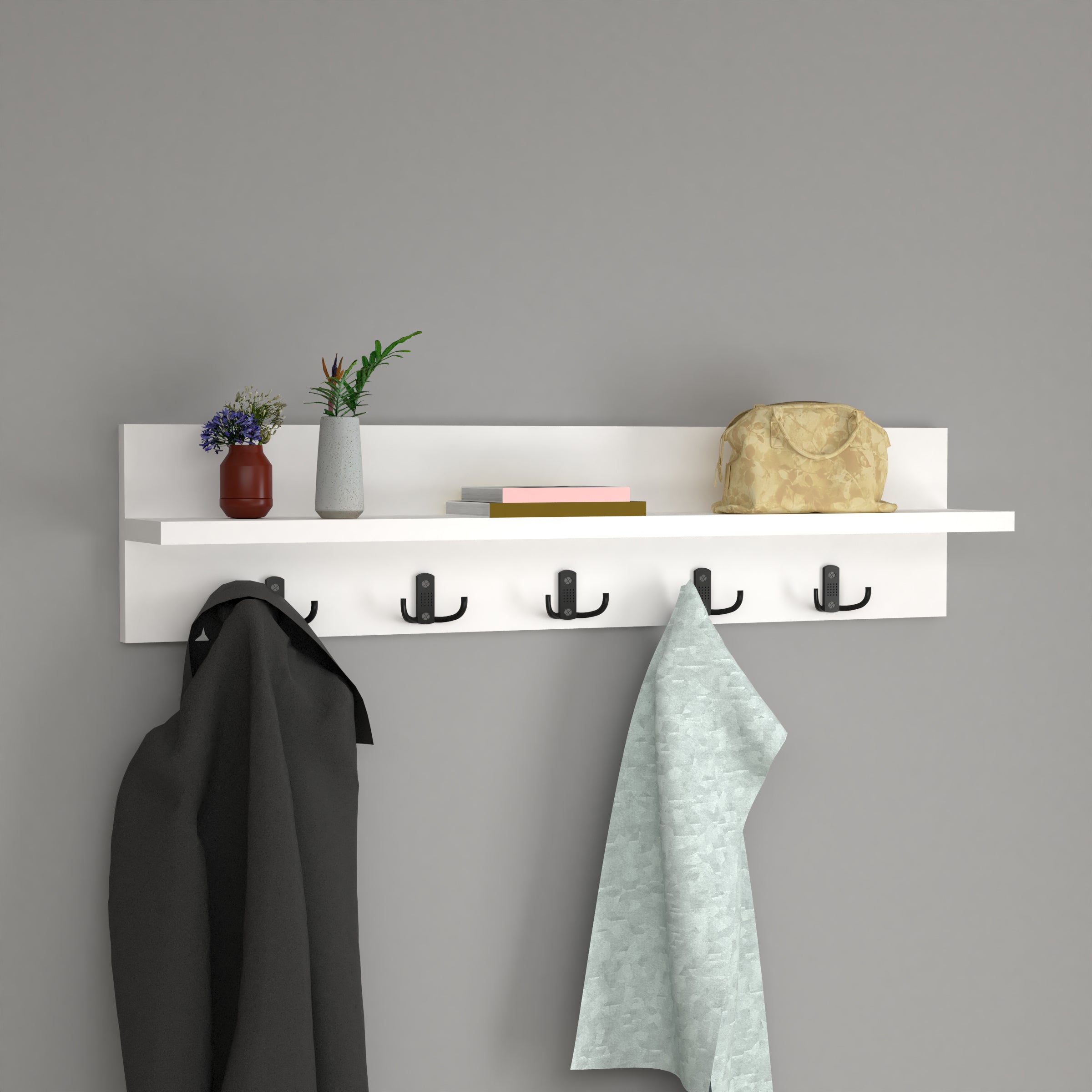 Wall Mounted Coat Rack with Shelf- White. 80cm Wooden Hanger. 5 Double Hooks.