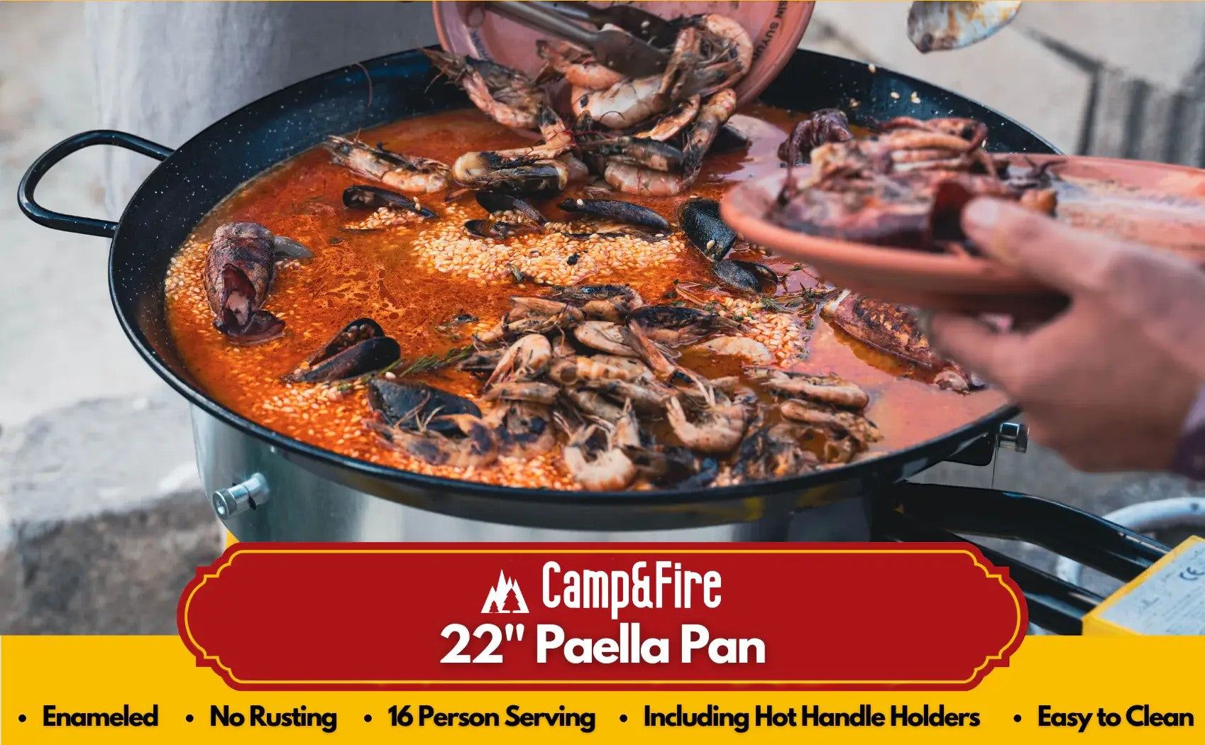 Enamelled Paella Pan. Non-Stick Carbon Steel with Silicone Handles.