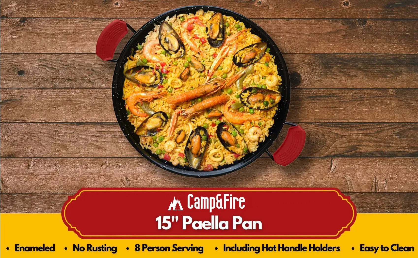 Enamelled Paella Pan. Non-Stick Carbon Steel with Silicone Handles.