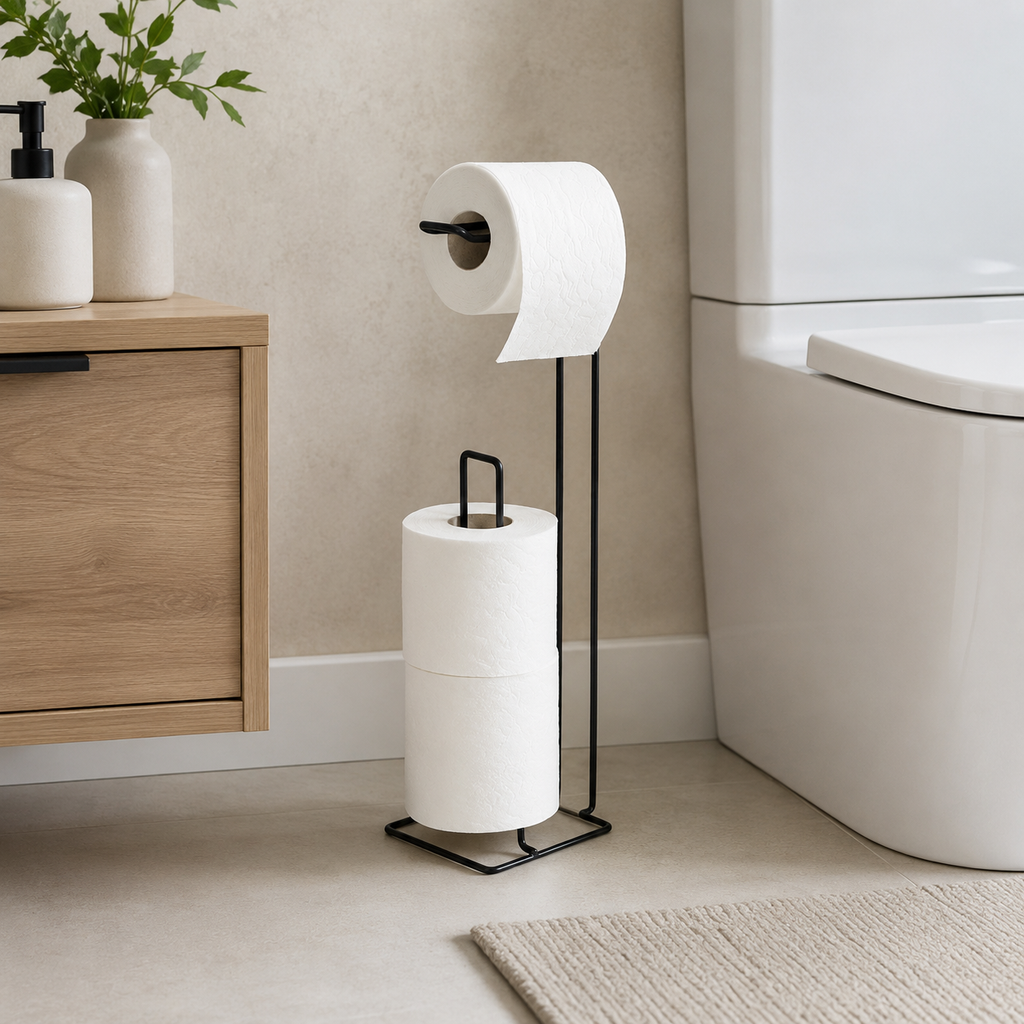 Freestanding Black Toilet Paper Holder with Storage – Metal Bathroom Stand