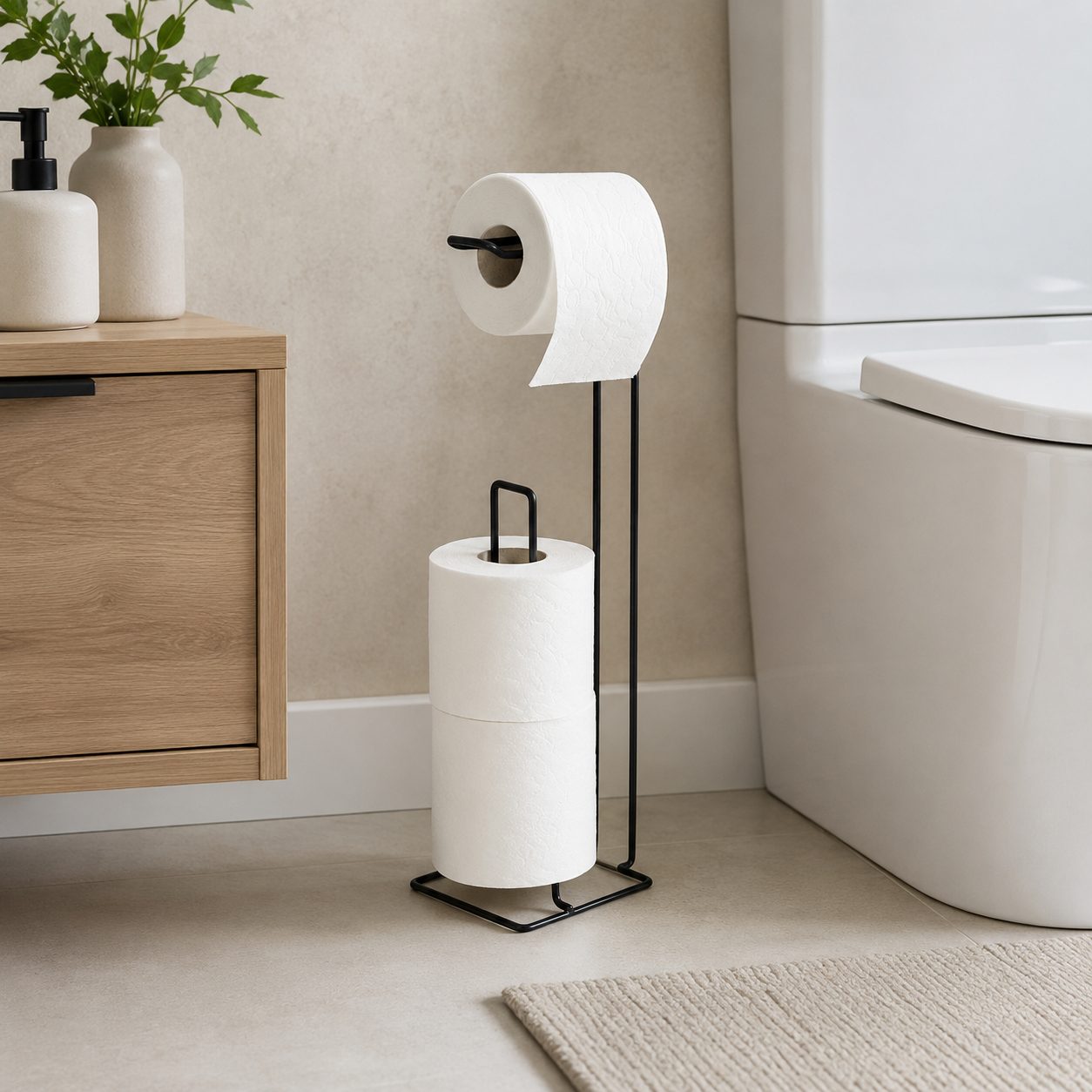 Freestanding Black Toilet Paper Holder with Storage – Metal Bathroom Stand