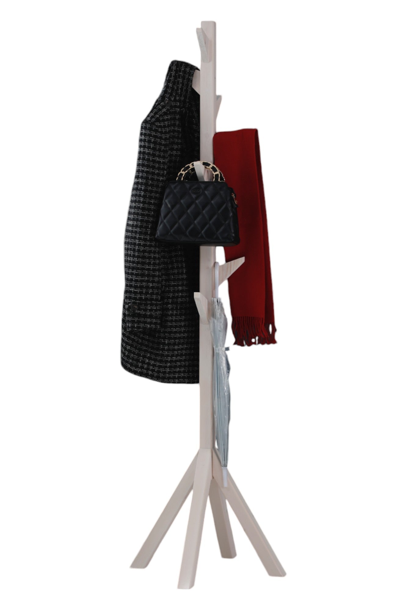 Coat Rack Stand - White. Freestanding Wooden Coat Hanger with 9 Hooks. Sturdy Coat Tree.