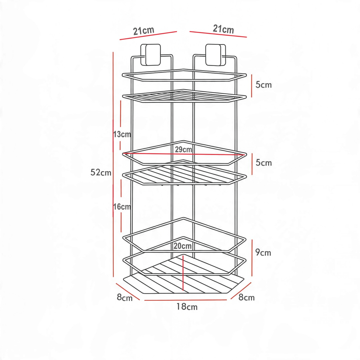 Dimension diagram of the three-tier corner shower caddy