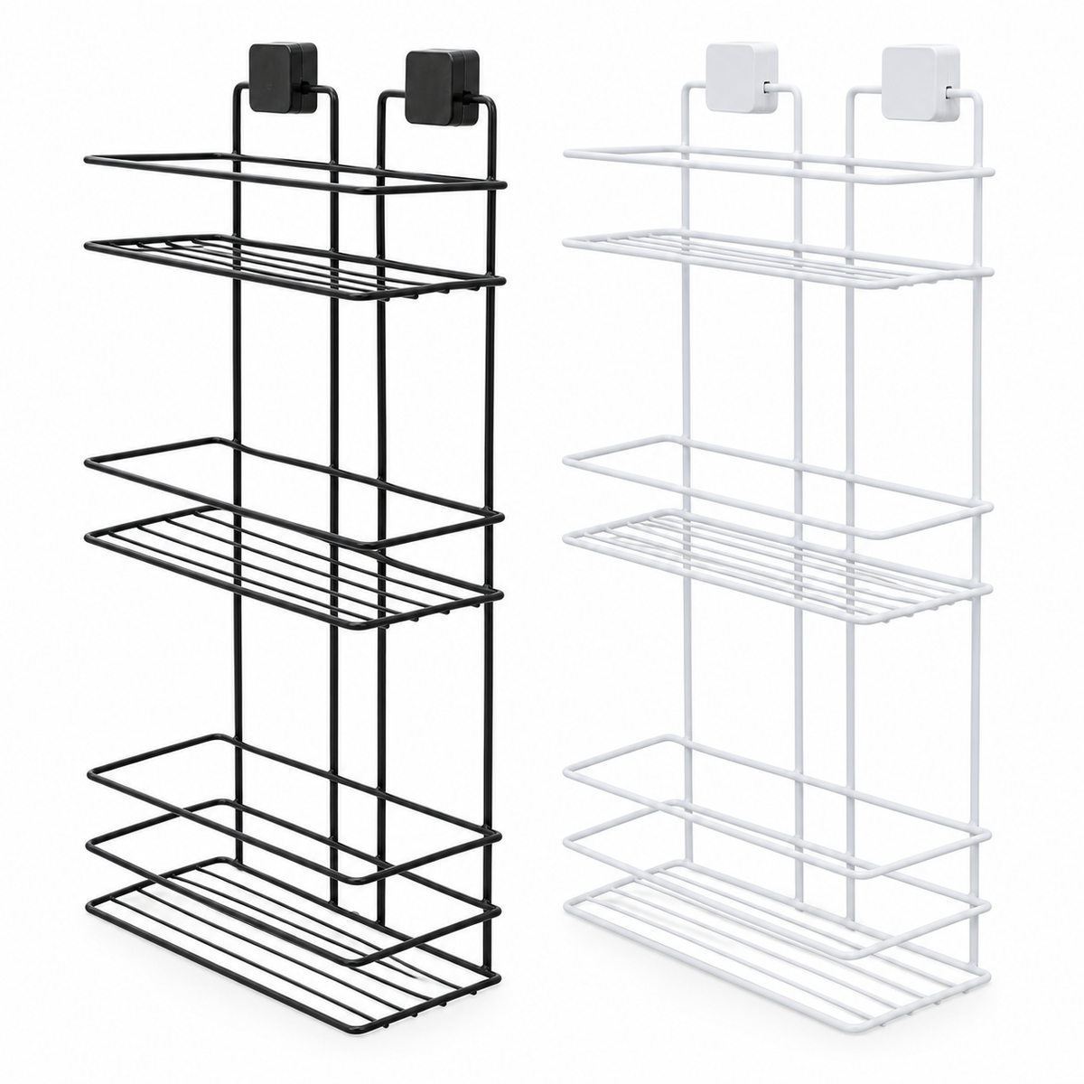 TheOwnas 3-tier rectangular shower caddy set in black and white rust-resistant metal with adhesive wall mounts.