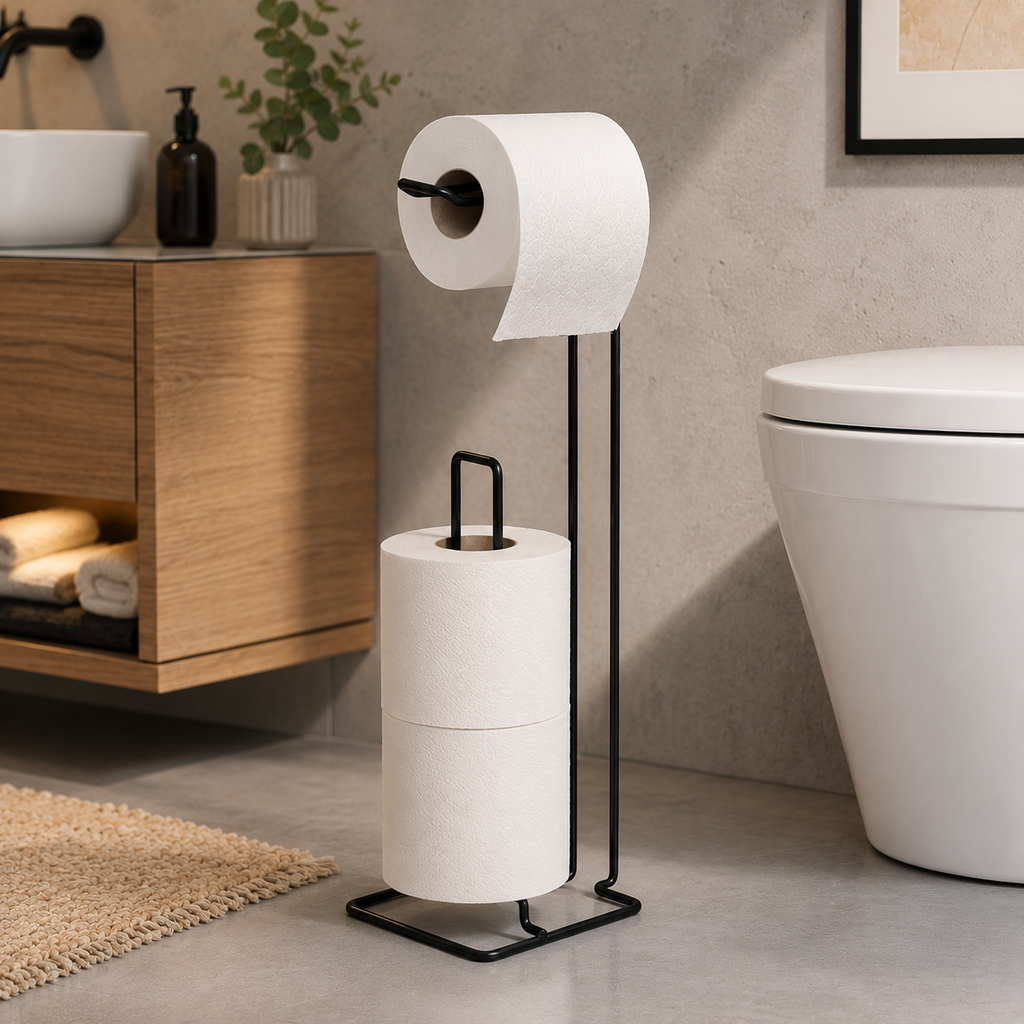 Freestanding Black Toilet Paper Holder with Storage – Metal Bathroom Stand