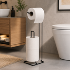 Freestanding Black Toilet Paper Holder with Storage – Metal Bathroom Stand