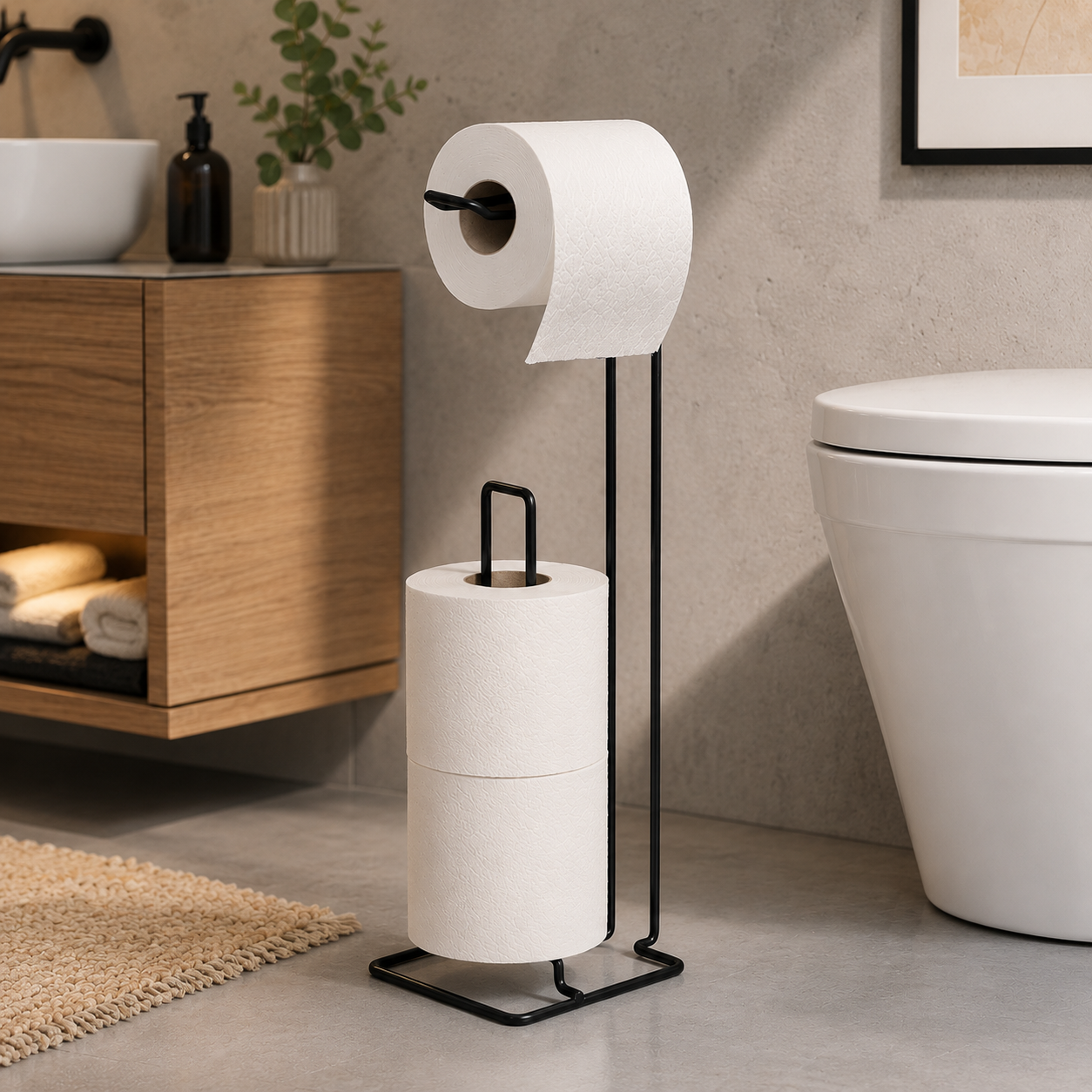 Freestanding Black Toilet Paper Holder with Storage – Metal Bathroom Stand