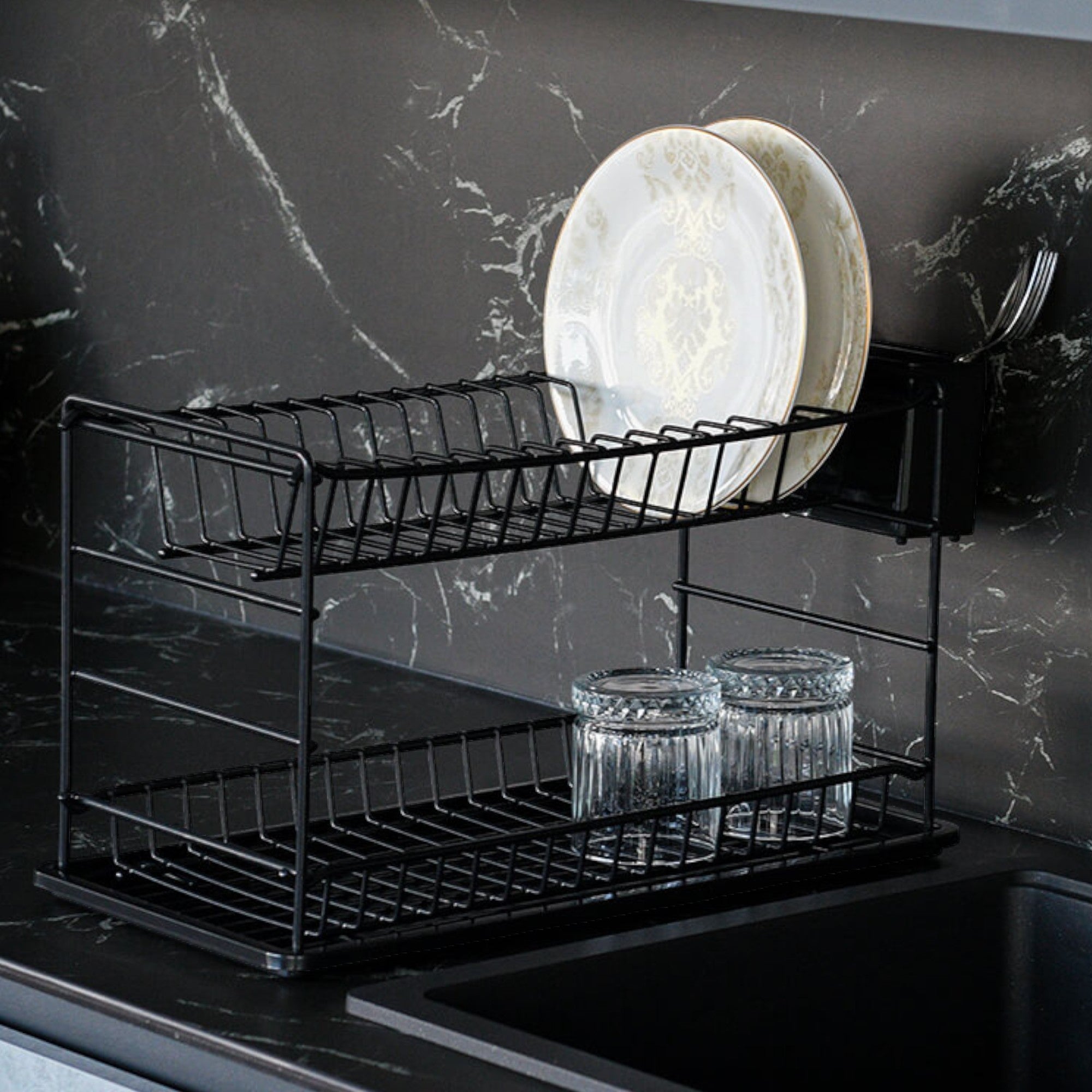 2-Tier Metal Dish Drainer Rack – Rustproof Drying Rack with Drip Tray & Utensil Holder