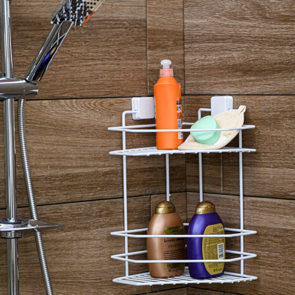 2-Tier Corner Shower Shelf – Metal No-Drill Adhesive Bathroom Caddy