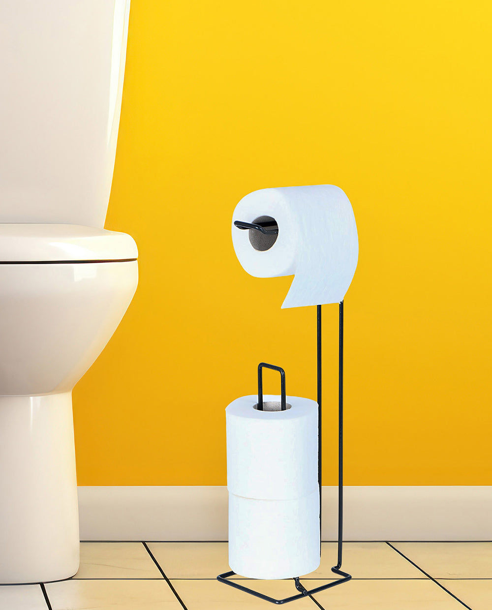 Freestanding Black Toilet Paper Holder with Storage – Metal Bathroom Stand