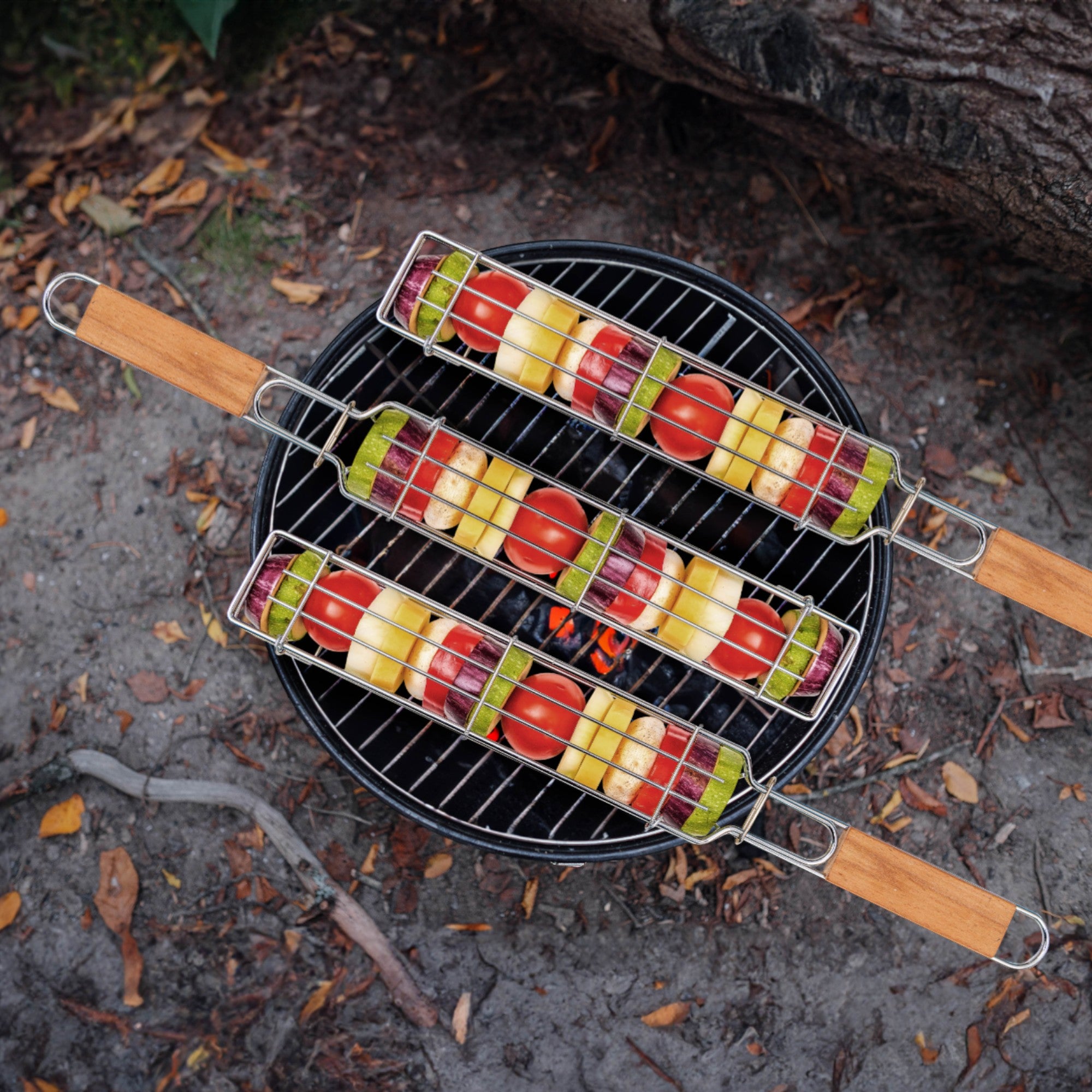 Set of 2 BBQ Vegetable Grill Baskets – Long Stainless Steel Side-Opening Design