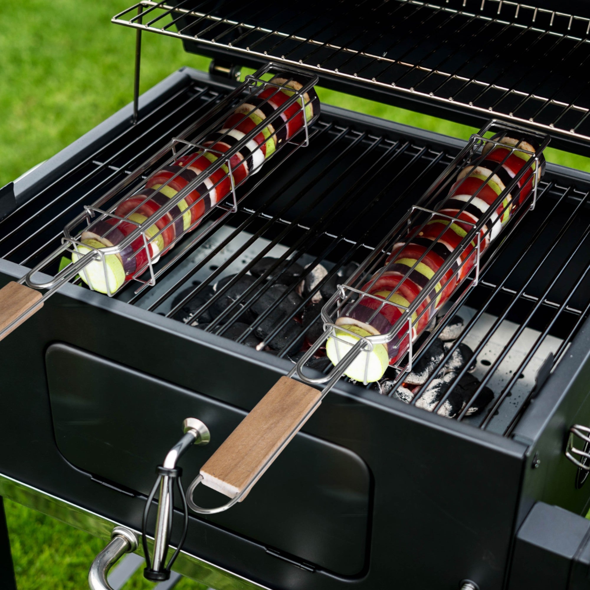 Stainless Steel Vegetable Grill Cage – Long Side-Opening BBQ Basket with Handle