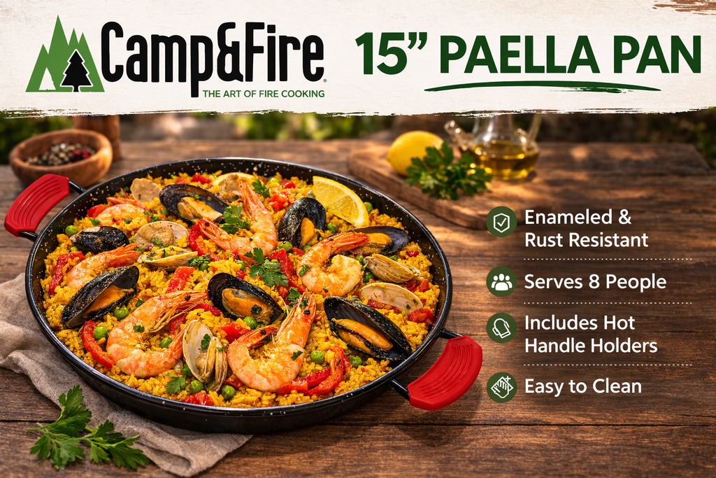 Enamelled Paella Pan. Non-Stick Carbon Steel with Silicone Handles.