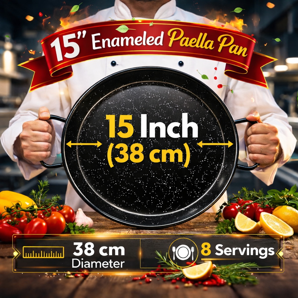 Enamelled Paella Pan. Non-Stick Carbon Steel with Silicone Handles.