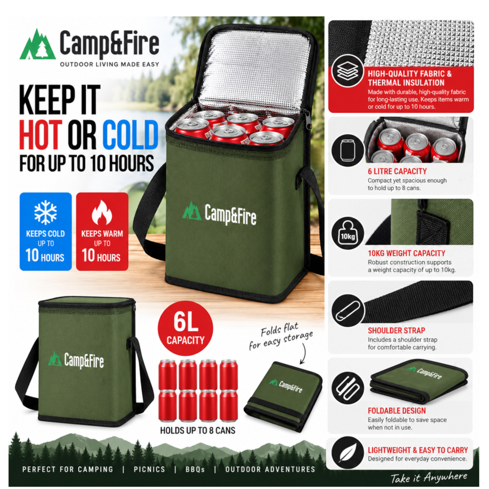 Camp&Fire 6L Insulated Lunch Bag – Thermal Cooler Bag with Zip Closure