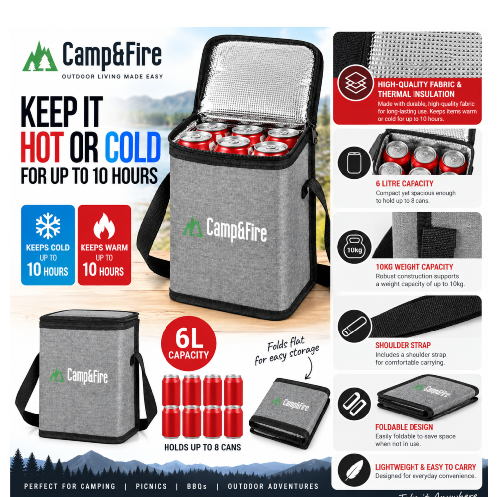Camp&Fire 6L Insulated Lunch Bag – Thermal Cooler Bag with Zip Closure
