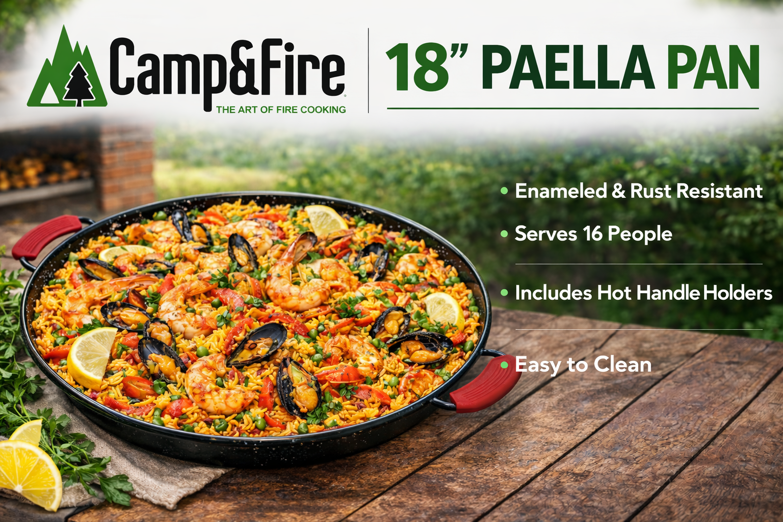 Enamelled Paella Pan. Non-Stick Carbon Steel with Silicone Handles.