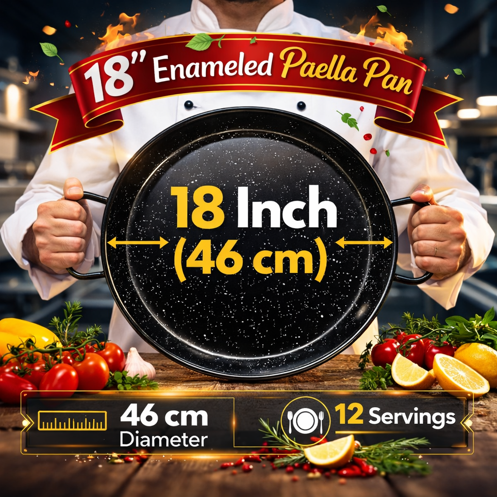 Enamelled Paella Pan. Non-Stick Carbon Steel with Silicone Handles.