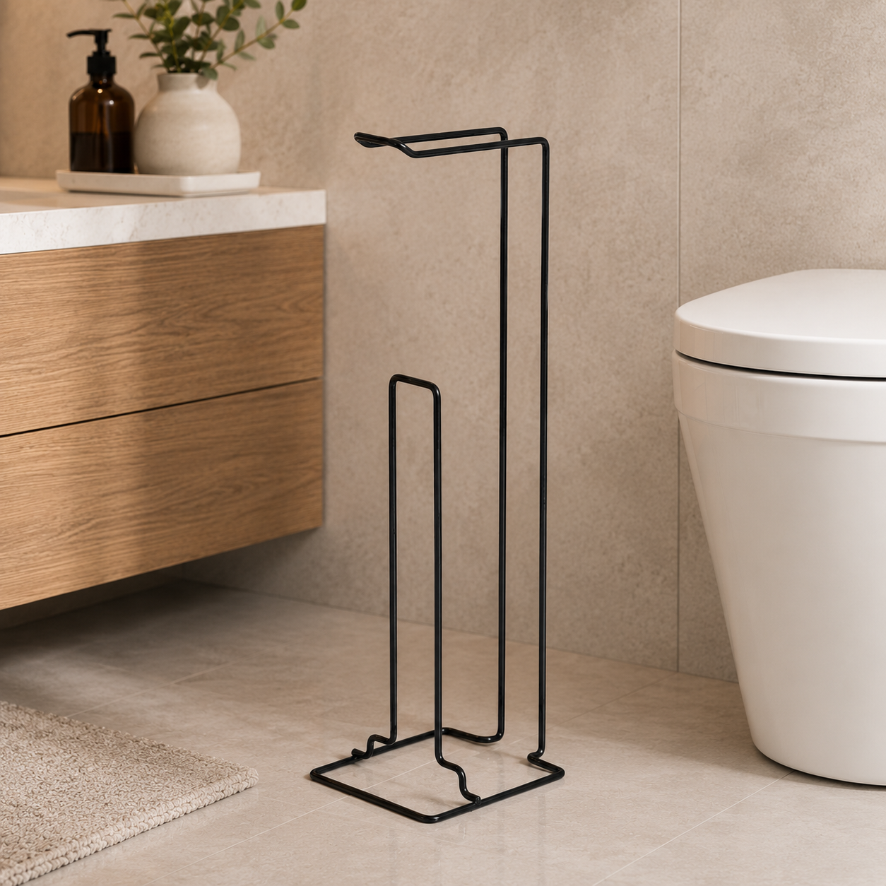 Freestanding Black Toilet Paper Holder with Storage – Metal Bathroom Stand