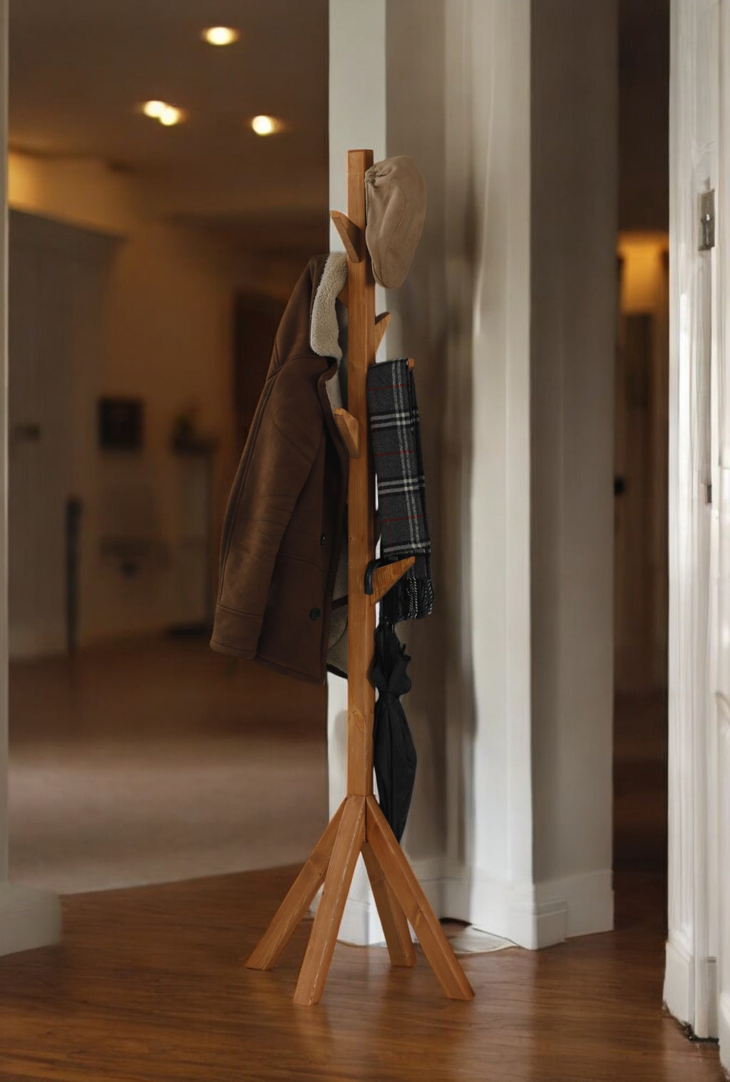 Coat Rack Stand - Oak. Freestanding Wooden Coat Hanger with 9 Hooks. Sturdy Coat Tree.