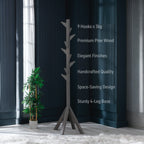 Coat Rack Stand - Anthracite. Freestanding Wooden Coat Hanger with 9 Hooks. Sturdy Coat Tree.