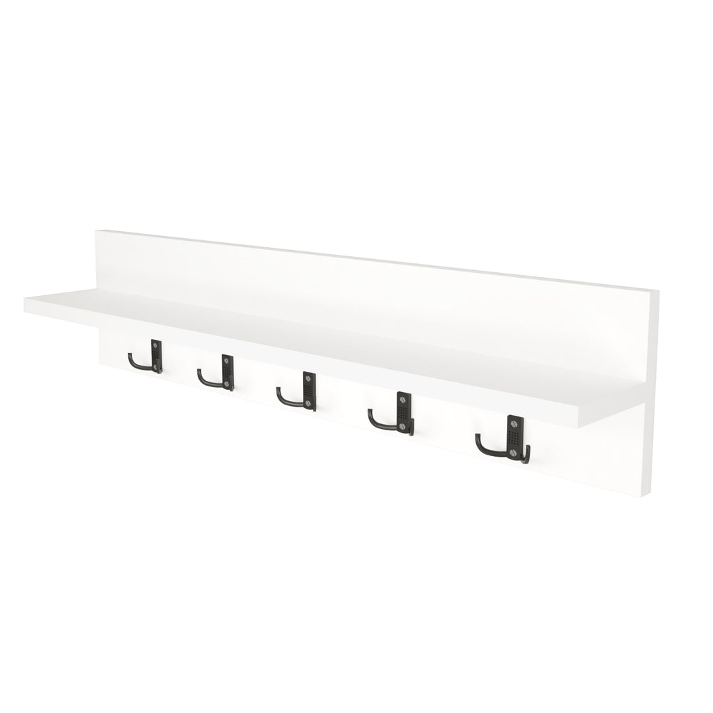 Wall Mounted Coat Rack with Shelf- White. 80cm Wooden Hanger. 5 Double Hooks.