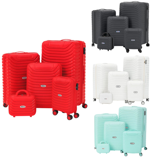 Five-piece hardshell luggage sets in red, black, white and mint green