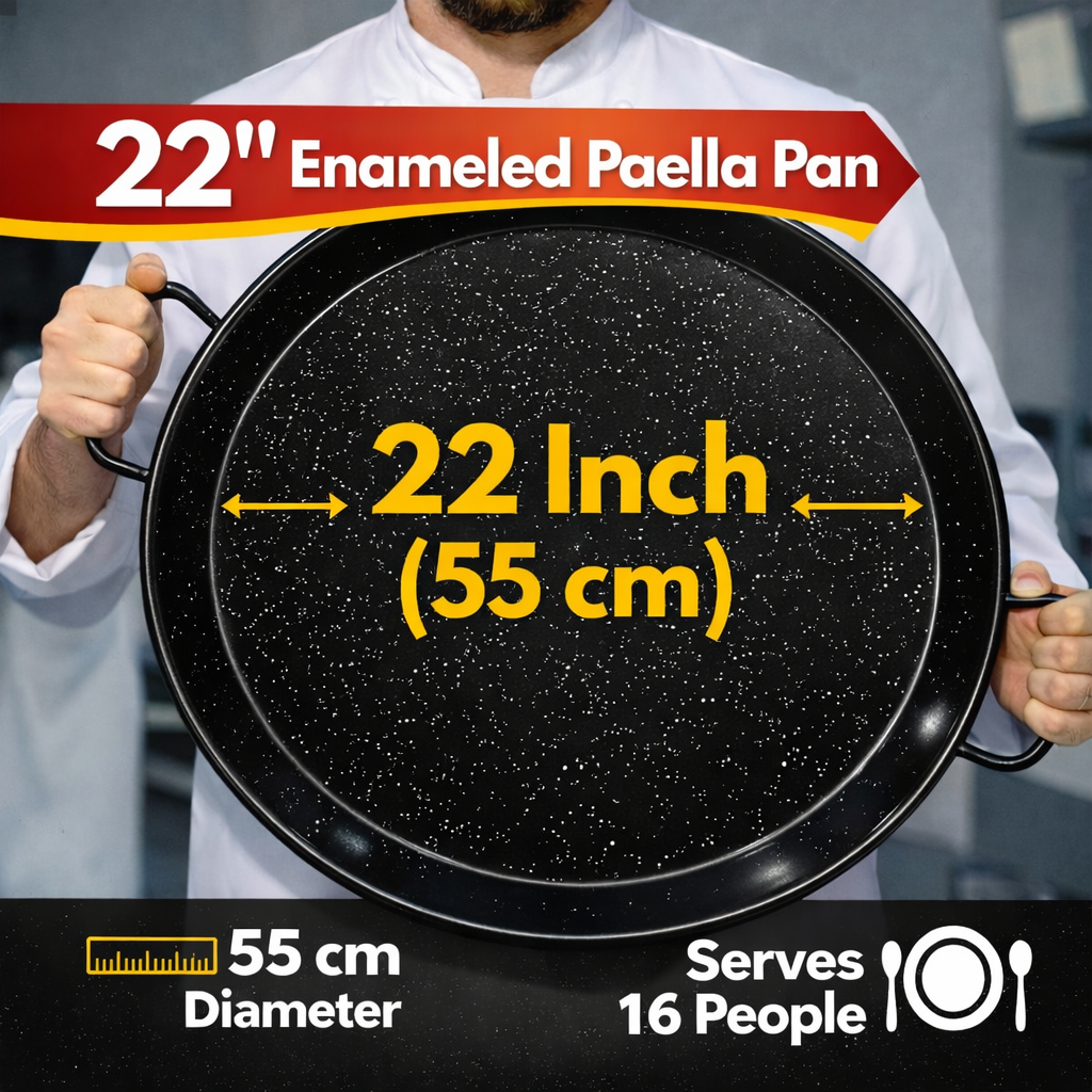 Enamelled Paella Pan. Non-Stick Carbon Steel with Silicone Handles.
