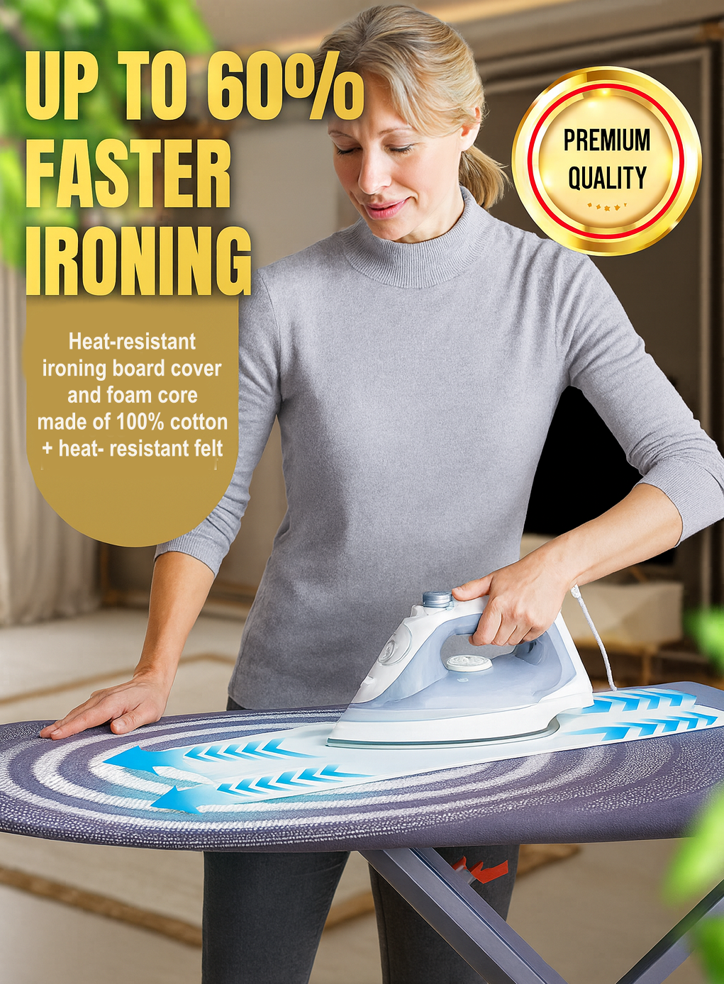 Extra-Large Ironing Board 127×46cm – Height Adjustable, Foldable with Steam Unit Holder.