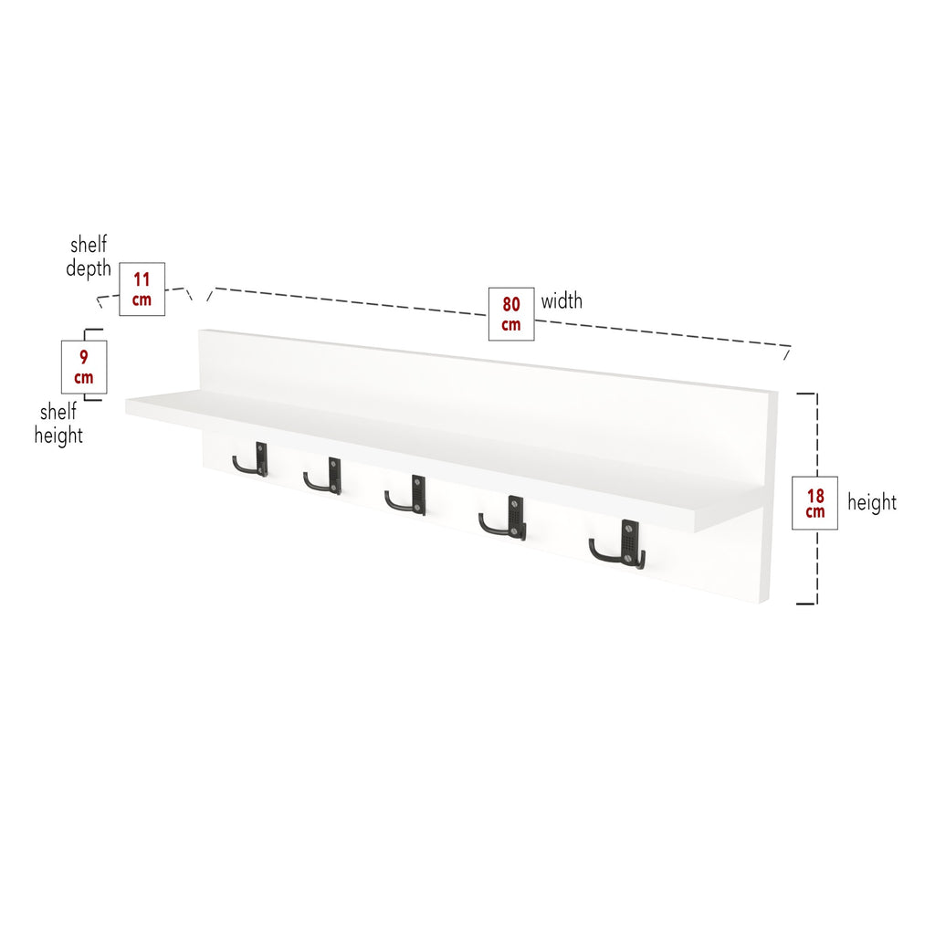 Wall Mounted Coat Rack with Shelf- White. 80cm Wooden Hanger. 5 Double Hooks.