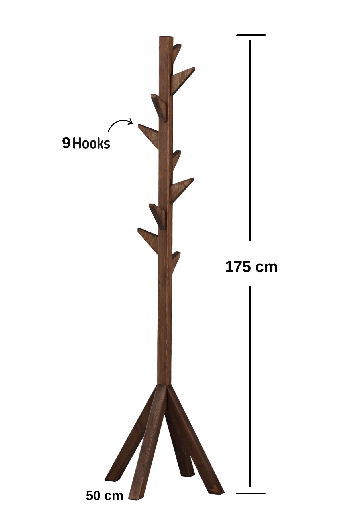 Coat Rack Stand - Walnut. Freestanding Wooden Coat Hanger with 9 Hooks. Sturdy Coat Tree.