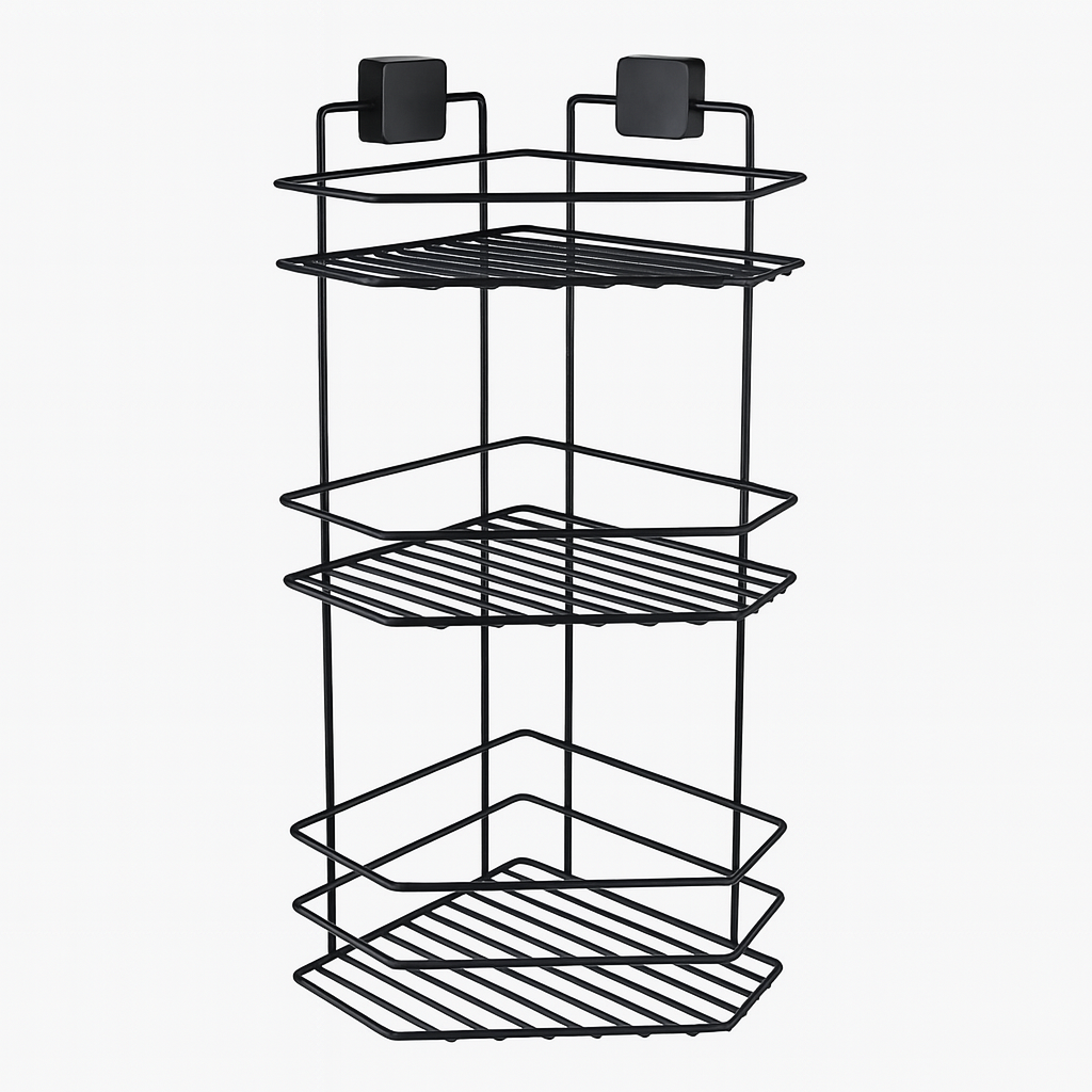 3-Tier Bathroom Corner Caddy – Black Metal Adhesive Shower Shelf, No Drilling Required