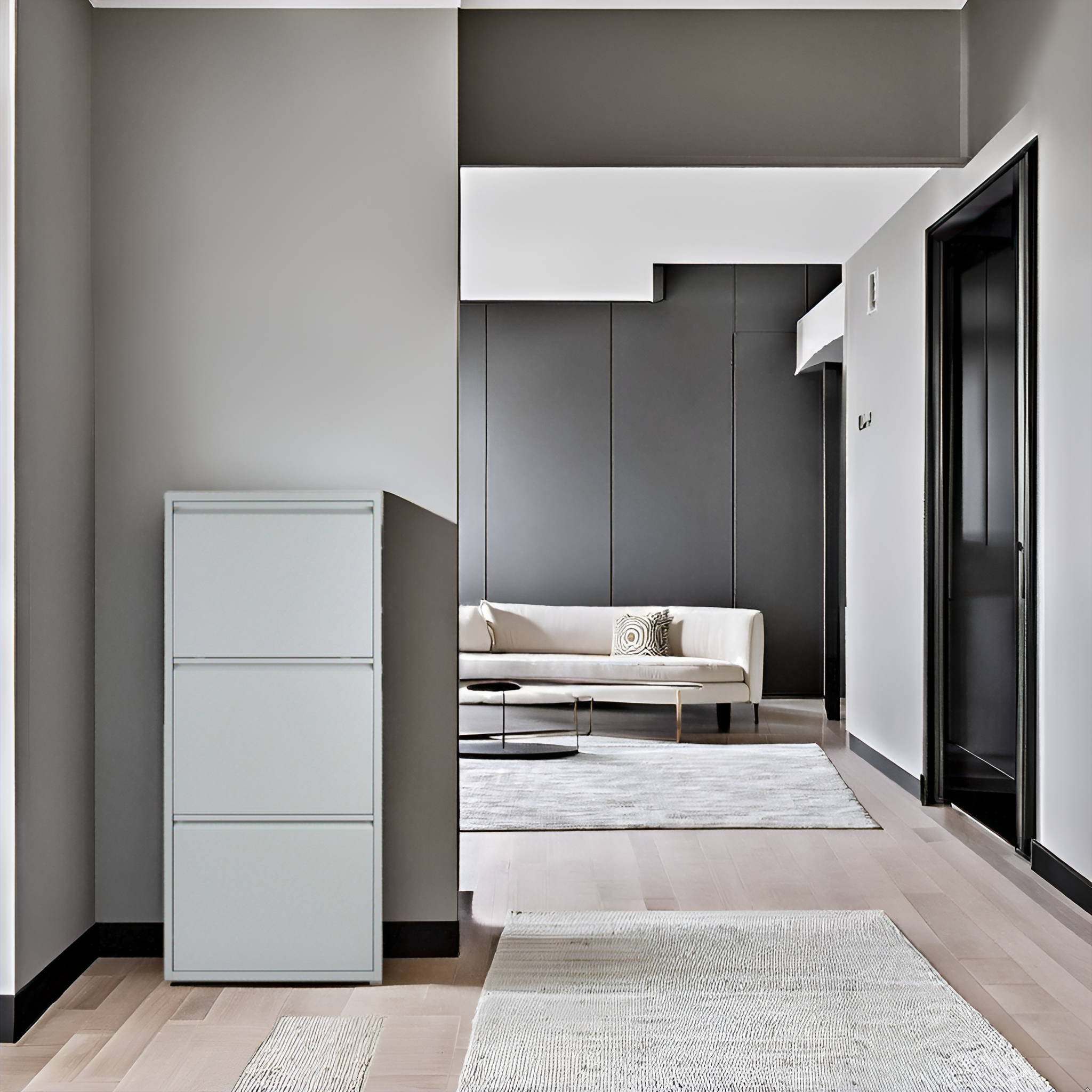 Slim Metal Shoe Cabinet Grey – Compact 3-Tier Shoe Rack for Space-Saving Storage