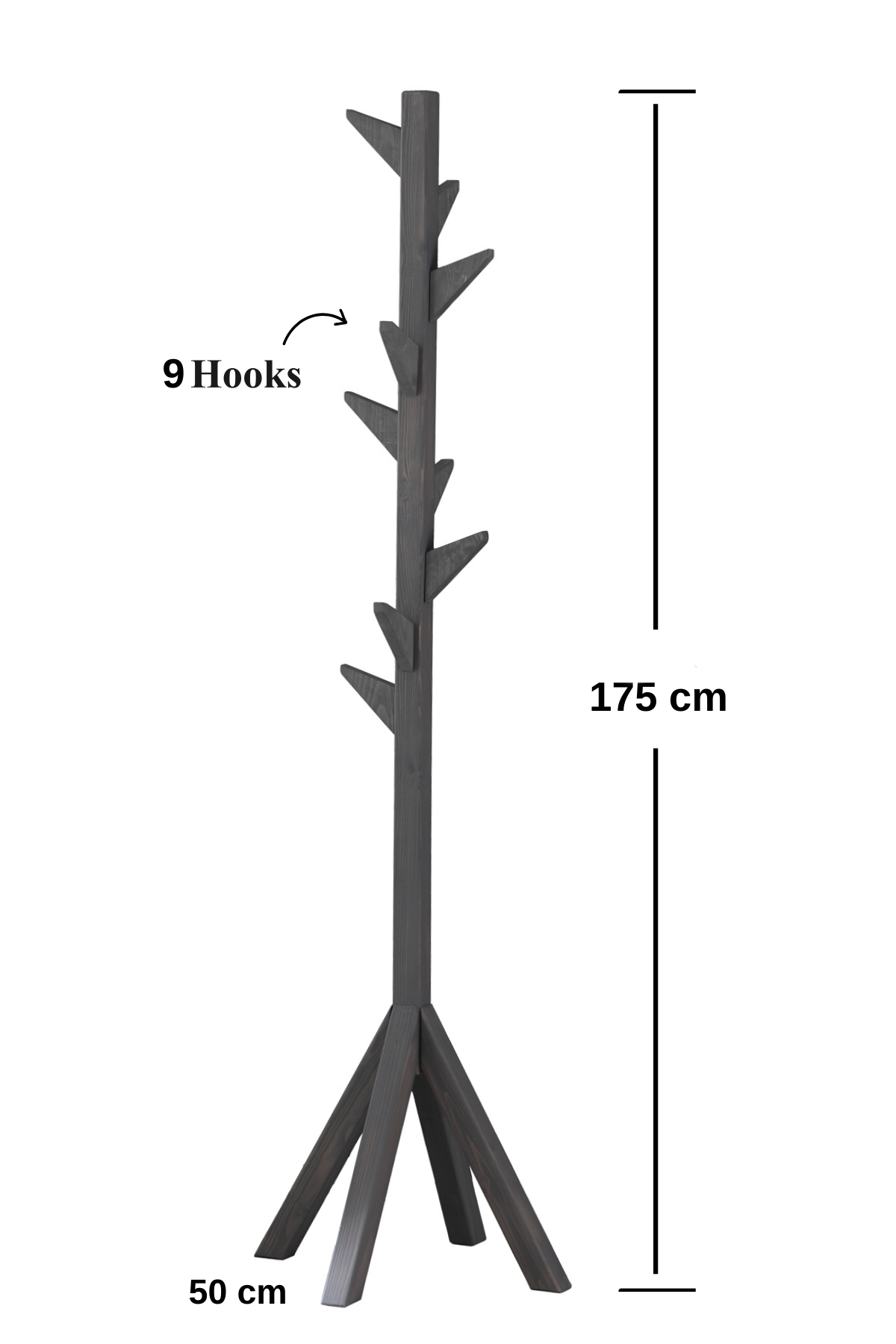 Coat Rack Stand - Anthracite. Freestanding Wooden Coat Hanger with 9 Hooks. Sturdy Coat Tree.