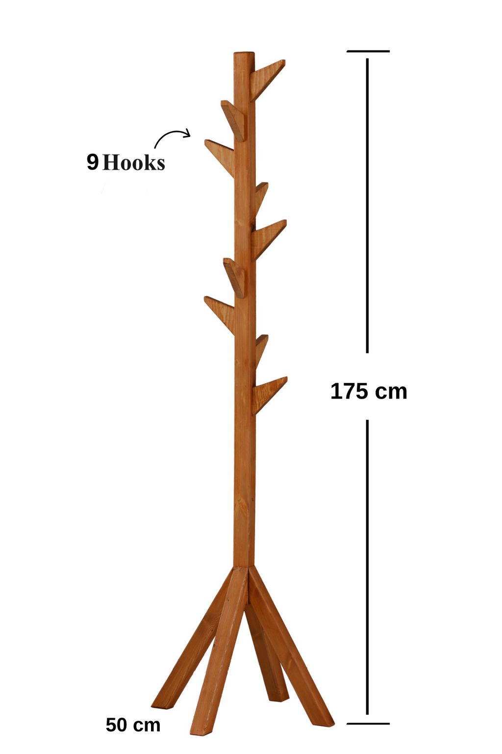 Coat Rack Stand - Oak. Freestanding Wooden Coat Hanger with 9 Hooks. Sturdy Coat Tree.