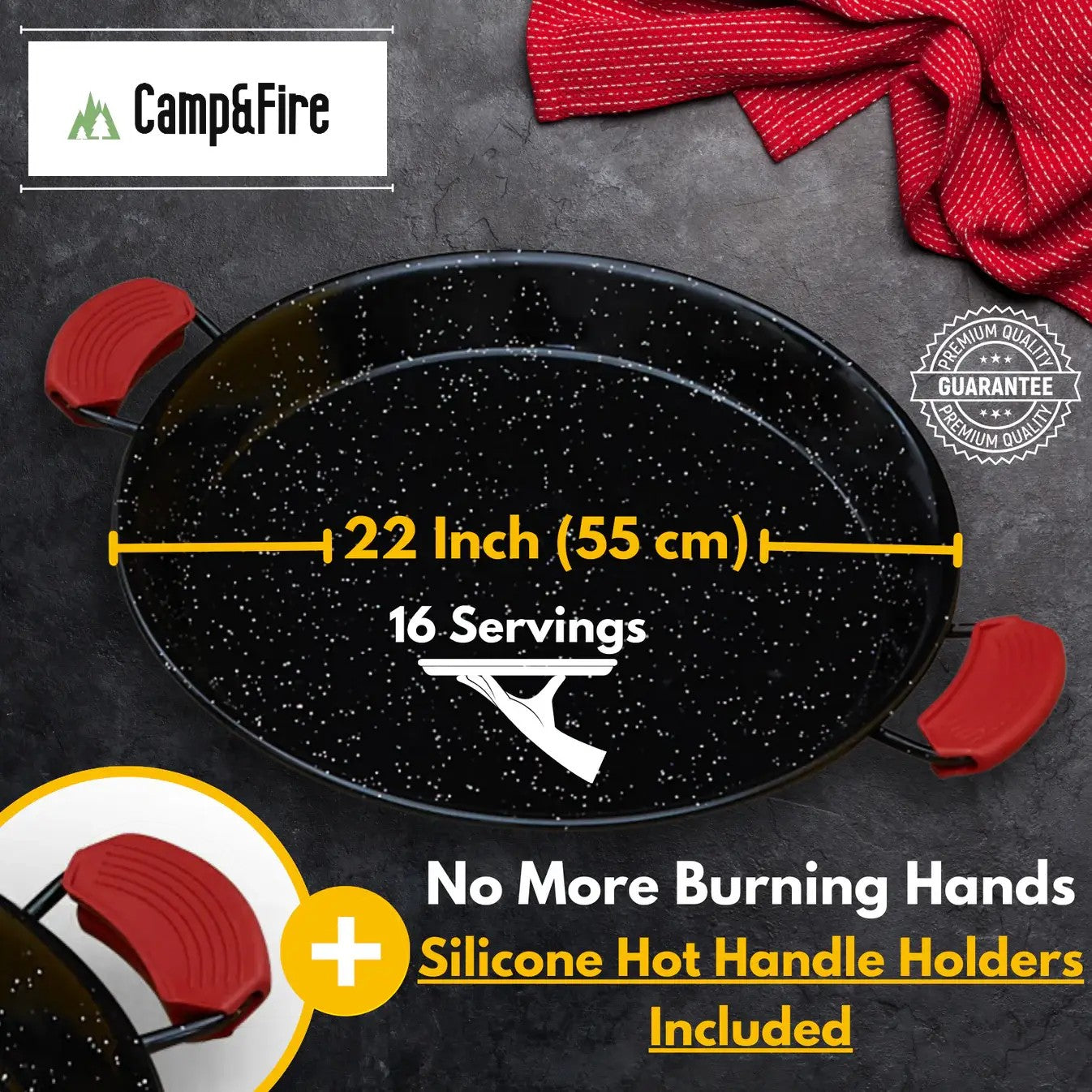 Enamelled Paella Pan. Non-Stick Carbon Steel with Silicone Handles.