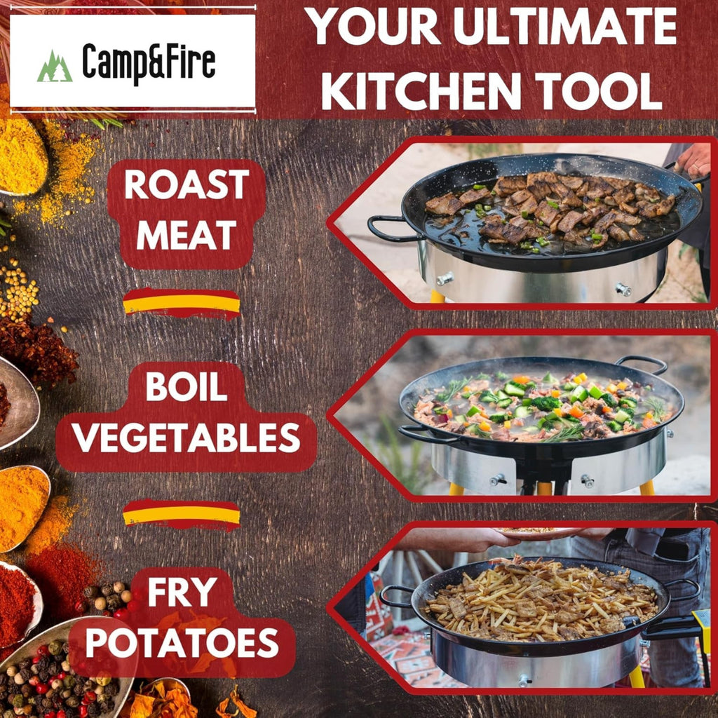 Paella Cooking Set. 20 Servings (60cm, 24") Paella Pan & Gas Burner & Tripod Stand Full Kit.