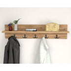 Wall Mounted Coat Rack with Shelf - Pine. 80cm Wooden Hanger. 5 Double Hooks.