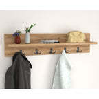 Wall Mounted Coat Rack with Shelf - Pine. 80cm Wooden Hanger. 5 Double Hooks.