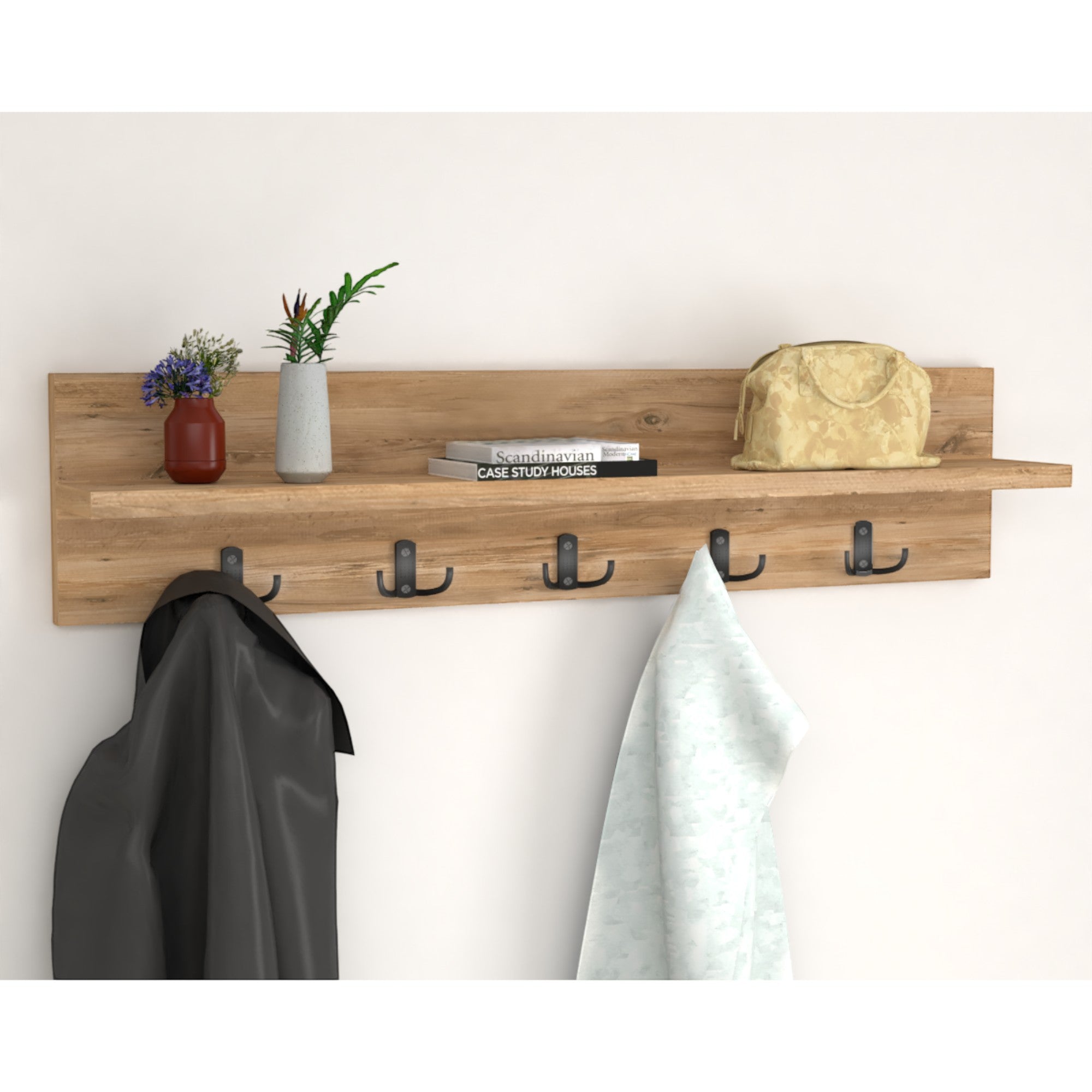 Wall Mounted Coat Rack with Shelf - Pine. 80cm Wooden Hanger. 5 Double Hooks.