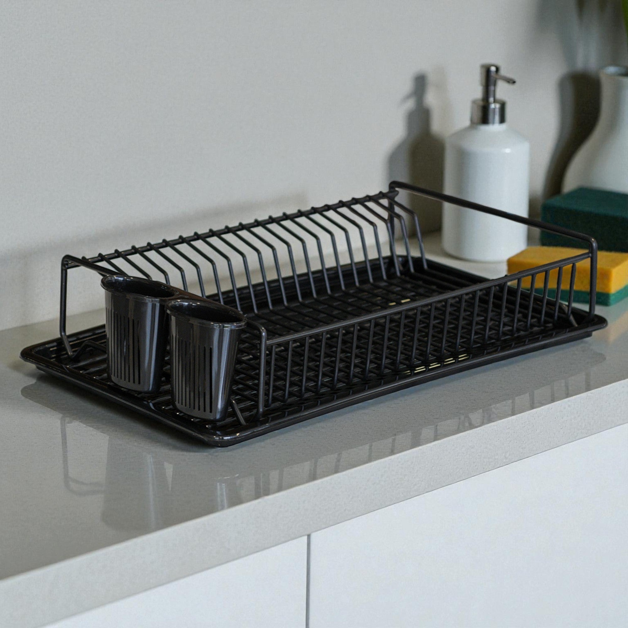 Large Flat Dish Drying Rack | Rust-Resistant Metal Drainer with Tray & Cutlery Holder