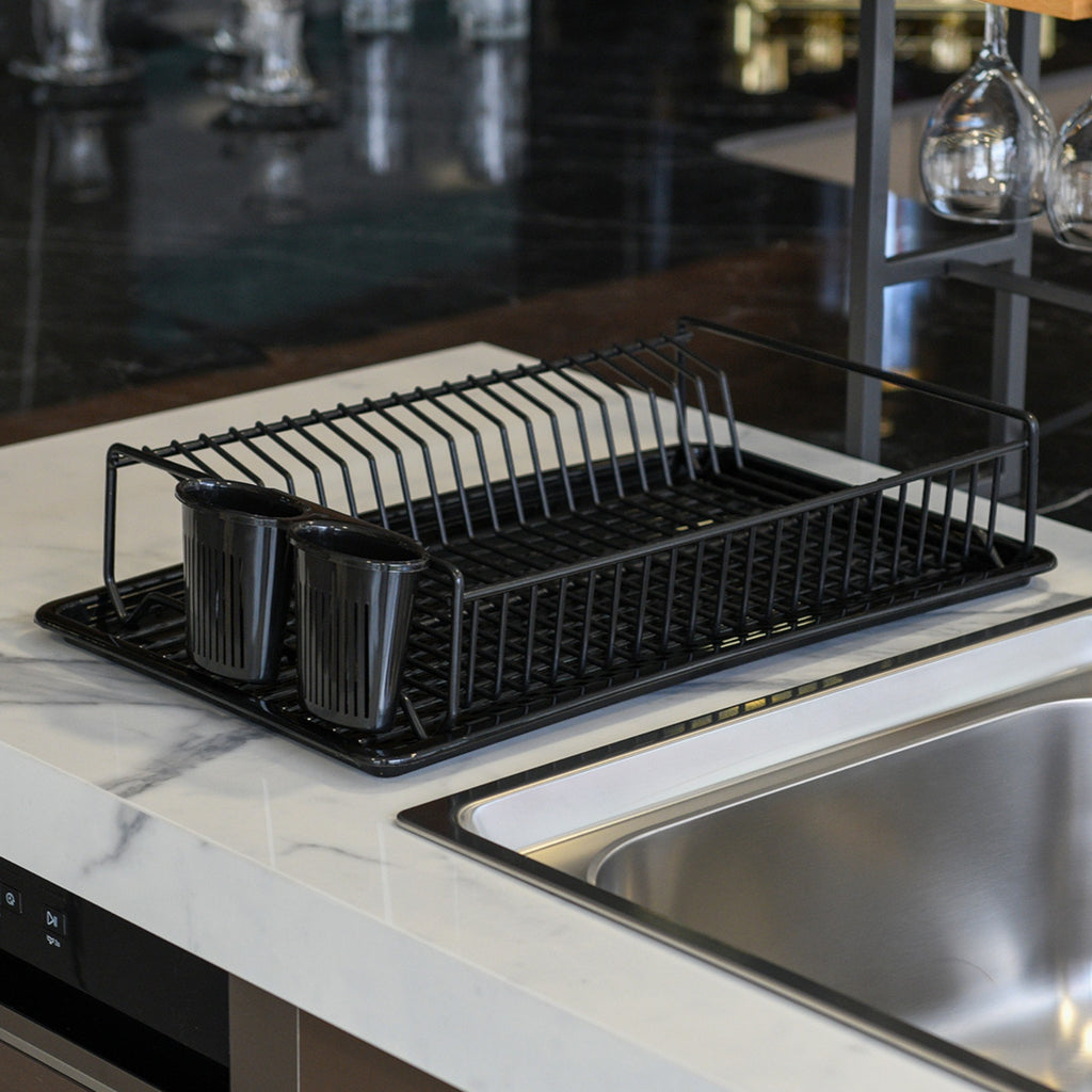 Large Flat Dish Drying Rack | Rust-Resistant Metal Drainer with Tray & Cutlery Holder