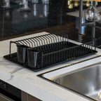 Large Flat Dish Drying Rack | Rust-Resistant Metal Drainer with Tray & Cutlery Holder