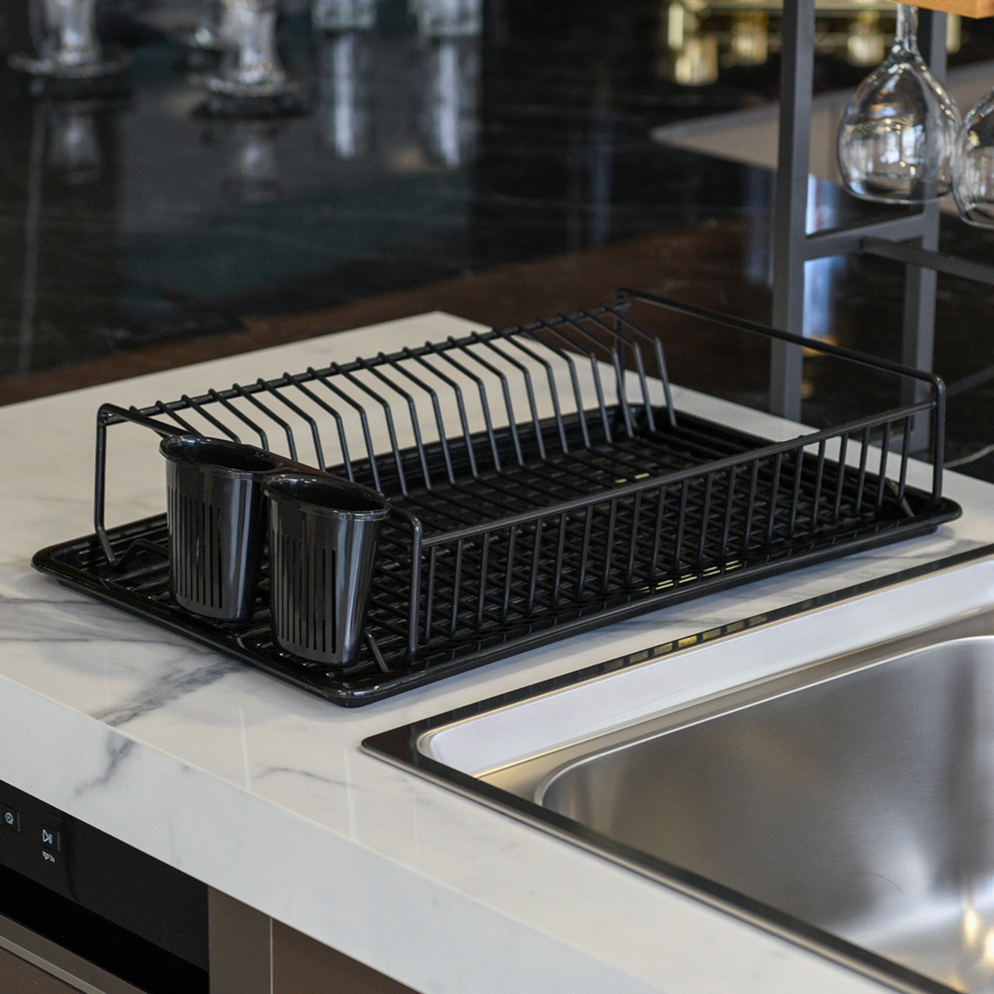 Large Flat Dish Drying Rack | Rust-Resistant Metal Drainer with Tray & Cutlery Holder