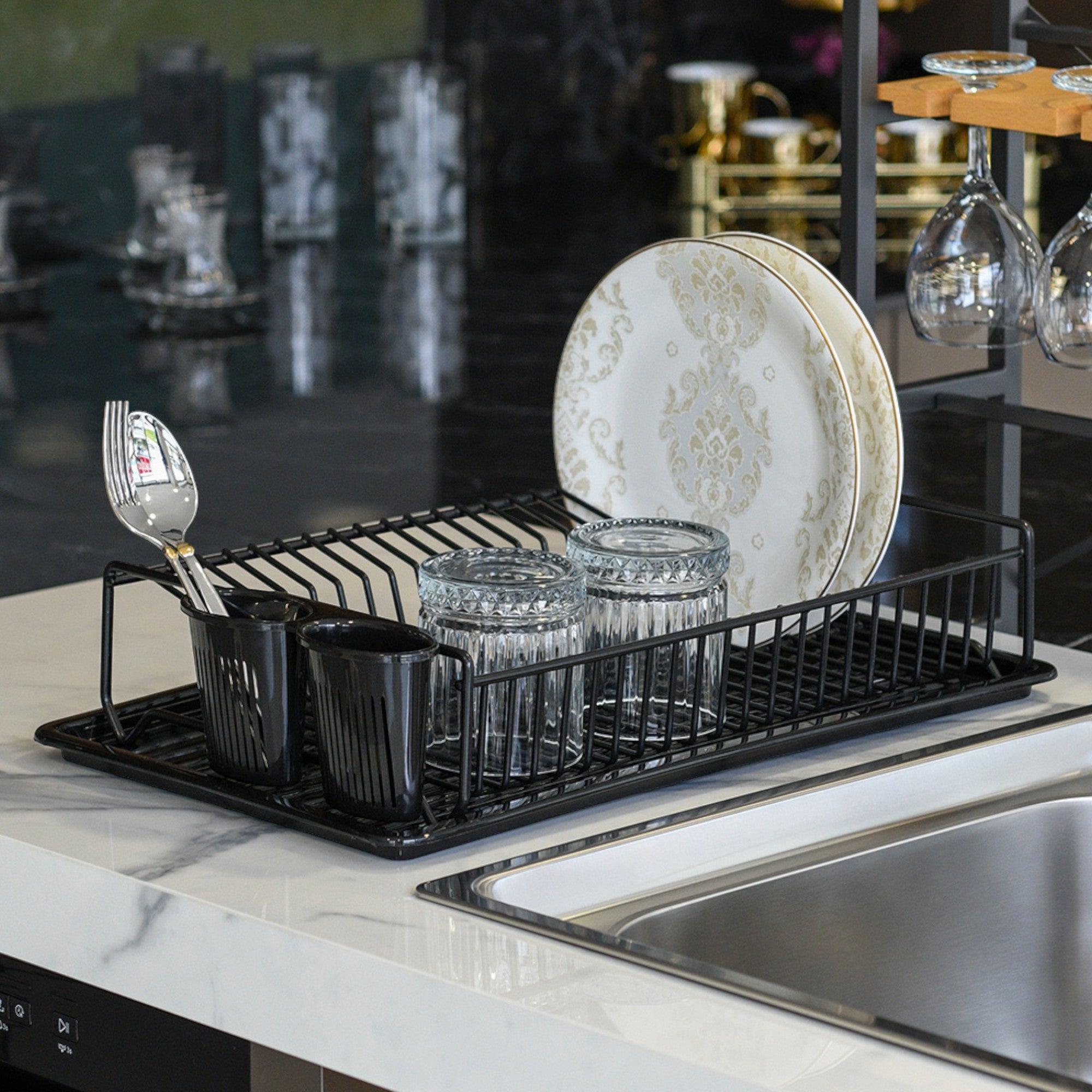 Large Flat Dish Drying Rack | Rust-Resistant Metal Drainer with Tray & Cutlery Holder