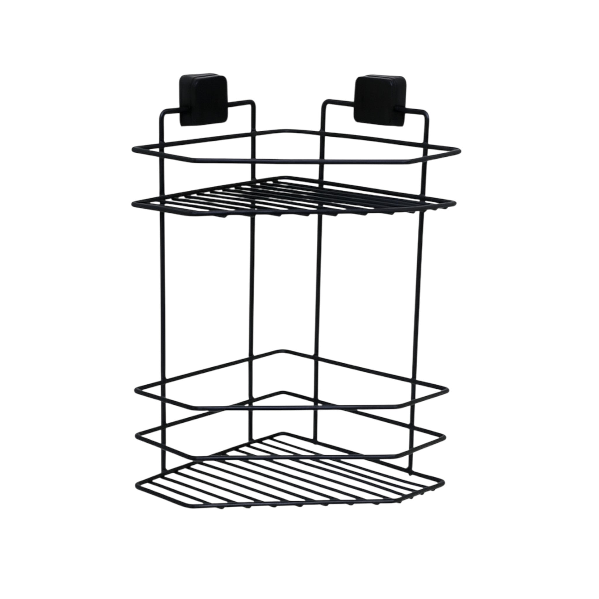 2-Tier Corner Shower Shelf – Black Metal No-Drill Adhesive Bathroom Caddy