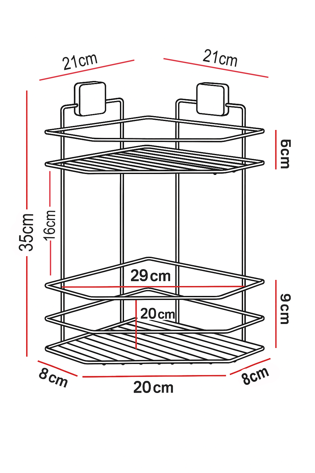 2-Tier Corner Shower Shelf – Black Metal No-Drill Adhesive Bathroom Caddy