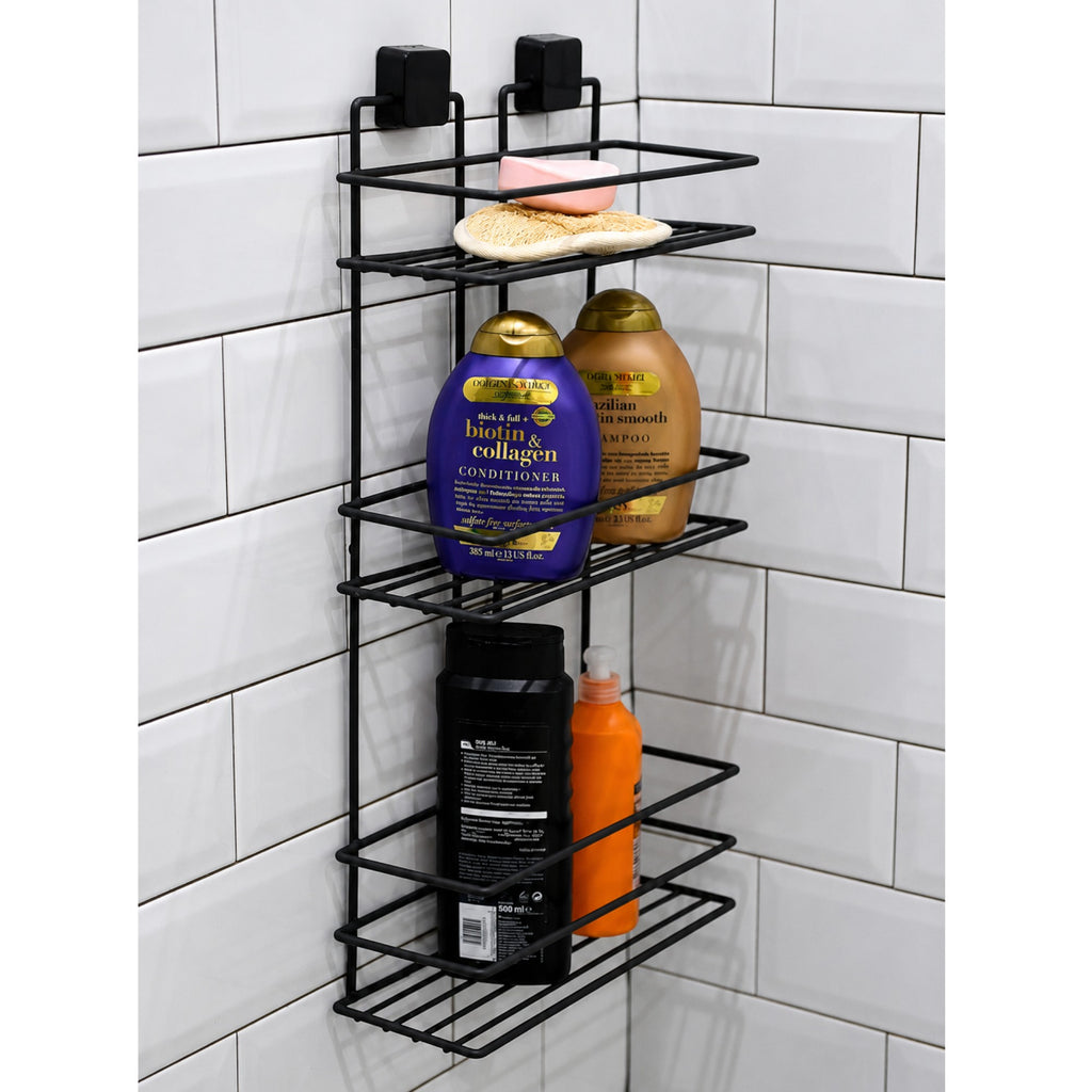 3-Tier Bathroom Rectangular Shower Caddy – No Drill Adhesive Wall-Mounted Metal Bathroom Organiser