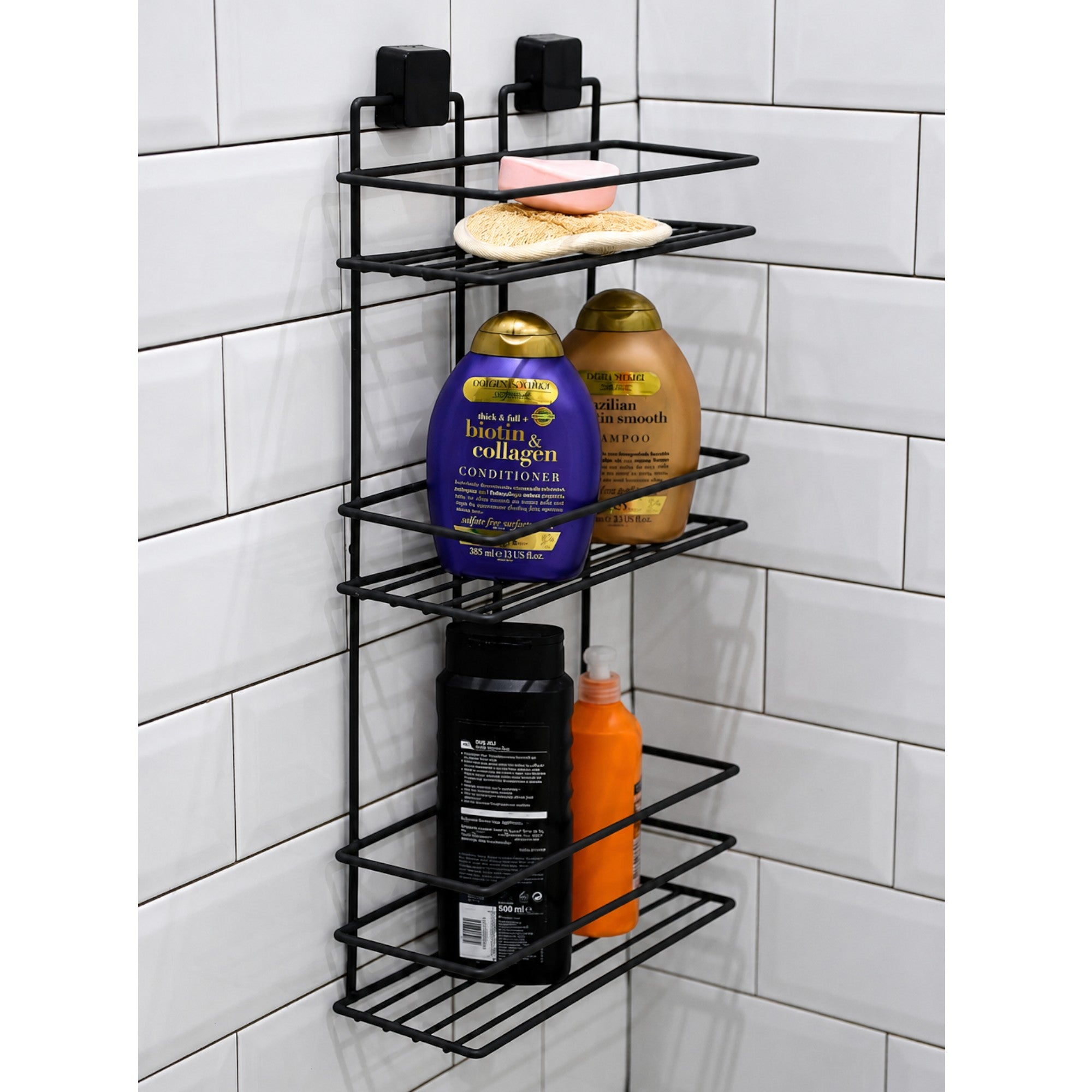 3-Tier Bathroom Rectangular Shower Caddy – No Drill Adhesive Wall-Mounted Metal Bathroom Organiser