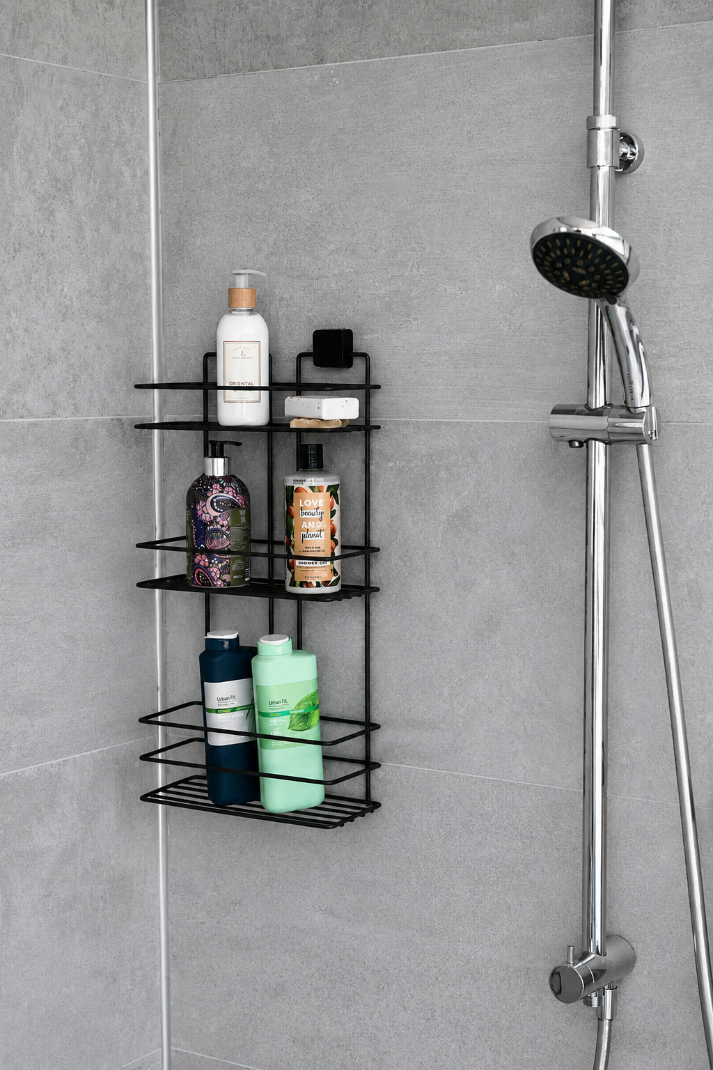 3-Tier Bathroom Rectangular Shower Caddy – No Drill Adhesive Wall-Mounted Metal Bathroom Organiser
